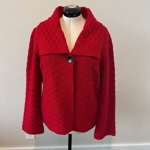 JM Collection 1 Button/snap closure, shawl collared Deep red cardigan. Large